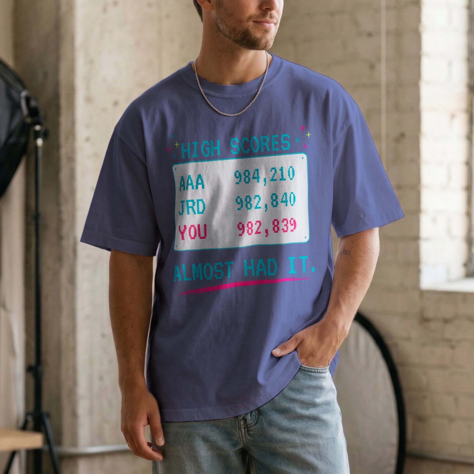 High Scores, Almost Had It — Vintage 80s Arcade Graphic Tee | Faded Memory Supply